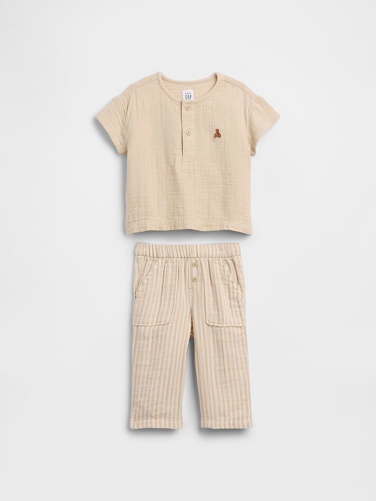 Image number 1 showing, Baby Cotton Gauze Henley Outfit Set