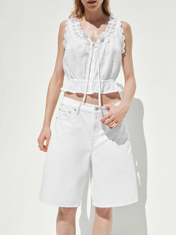Eyelet Tie-Front Crop Peplum Top
