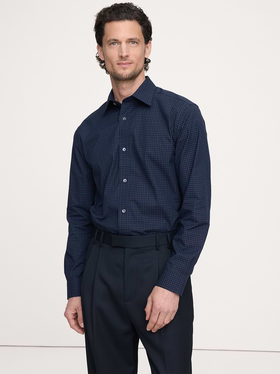 Banana Republic Men's Standard-Fit Wrinkle-Resistant Dress Shirt Navy Blue Plaid Size XS