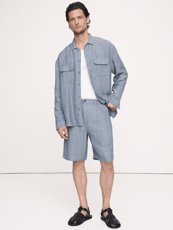9" Pleated Linen-Cotton Pull-On Short