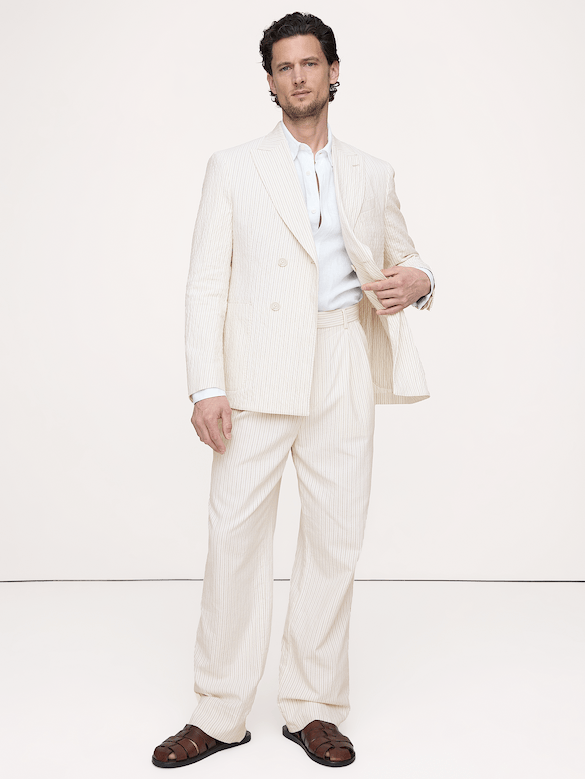 Pantalon de complet en mélange gaufré de coton et lin italien