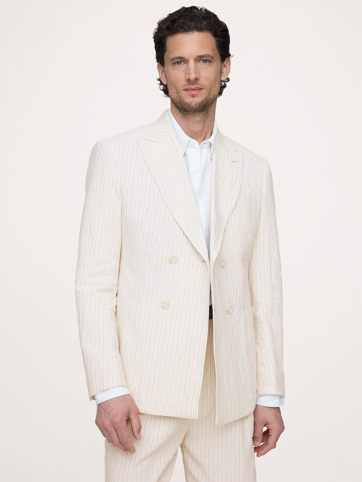 Image number 1 showing, Double-Breasted Italian Cotton-Linen Seersucker Suit Jacket