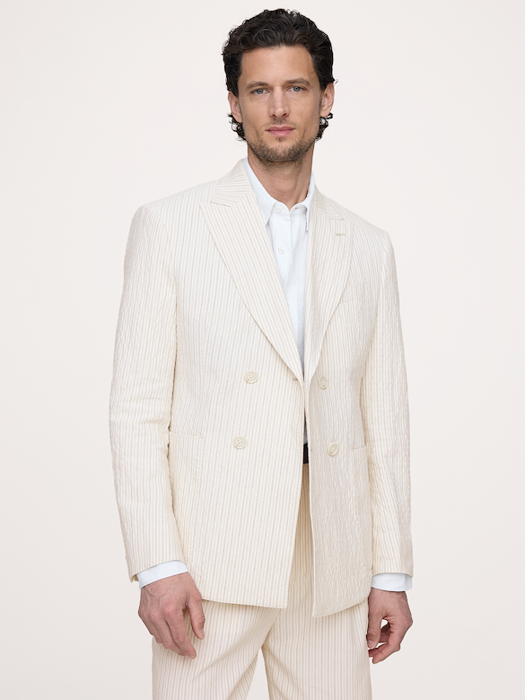 Double-Breasted Italian Cotton-Linen Seersucker Suit Jacket