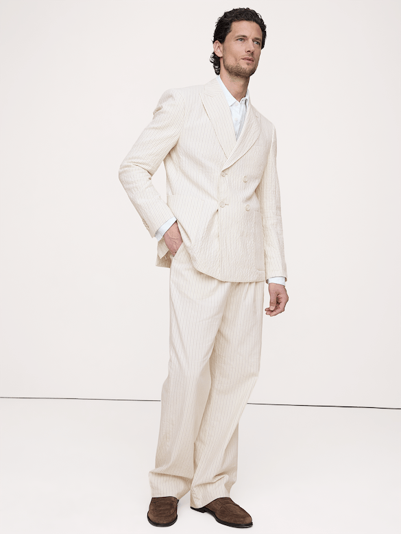 Double-Breasted Italian Cotton-Linen Seersucker Suit Jacket