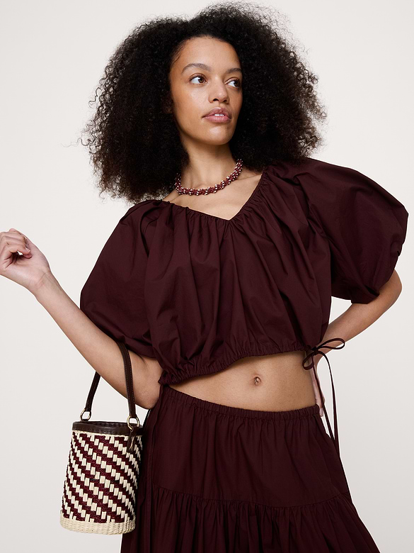 Cotton Poplin Bubble-Hem Cropped Top