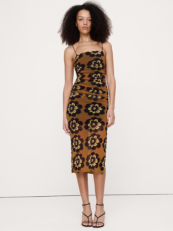 Ruched Mesh Midi Dress