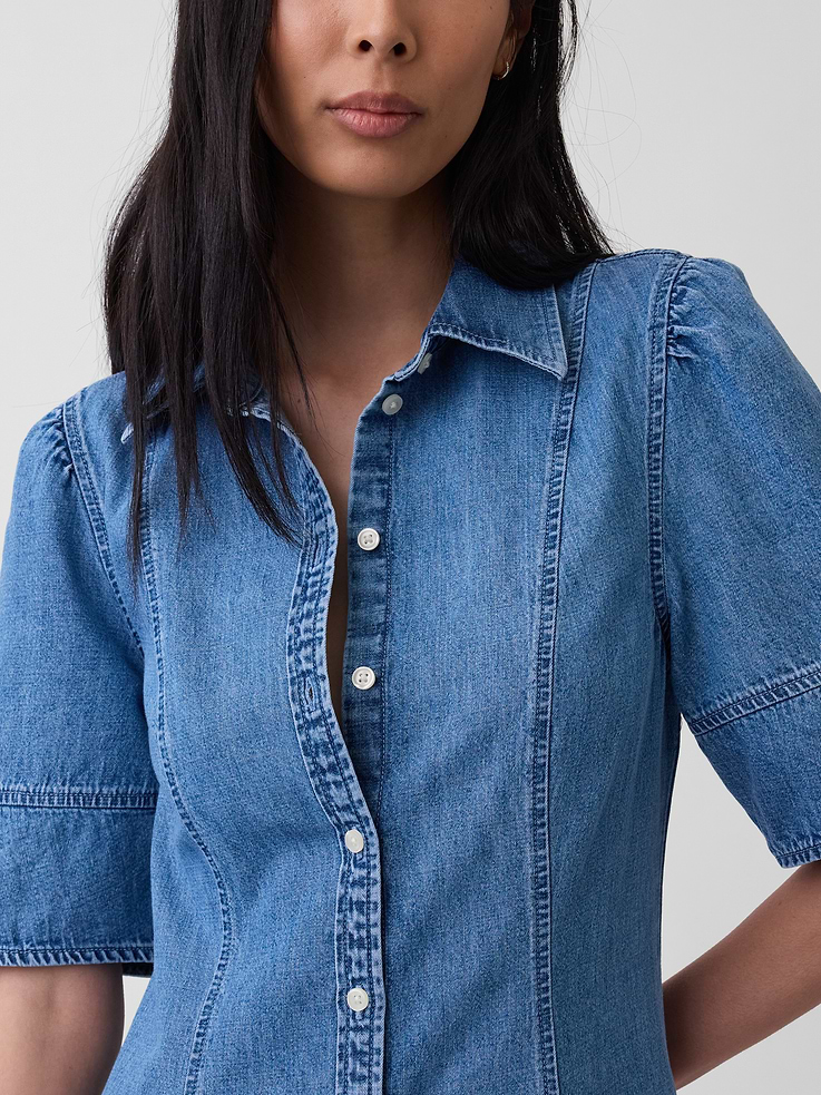 Image number 4 showing, Denim Barrel-Sleeve Midi Shirtdress