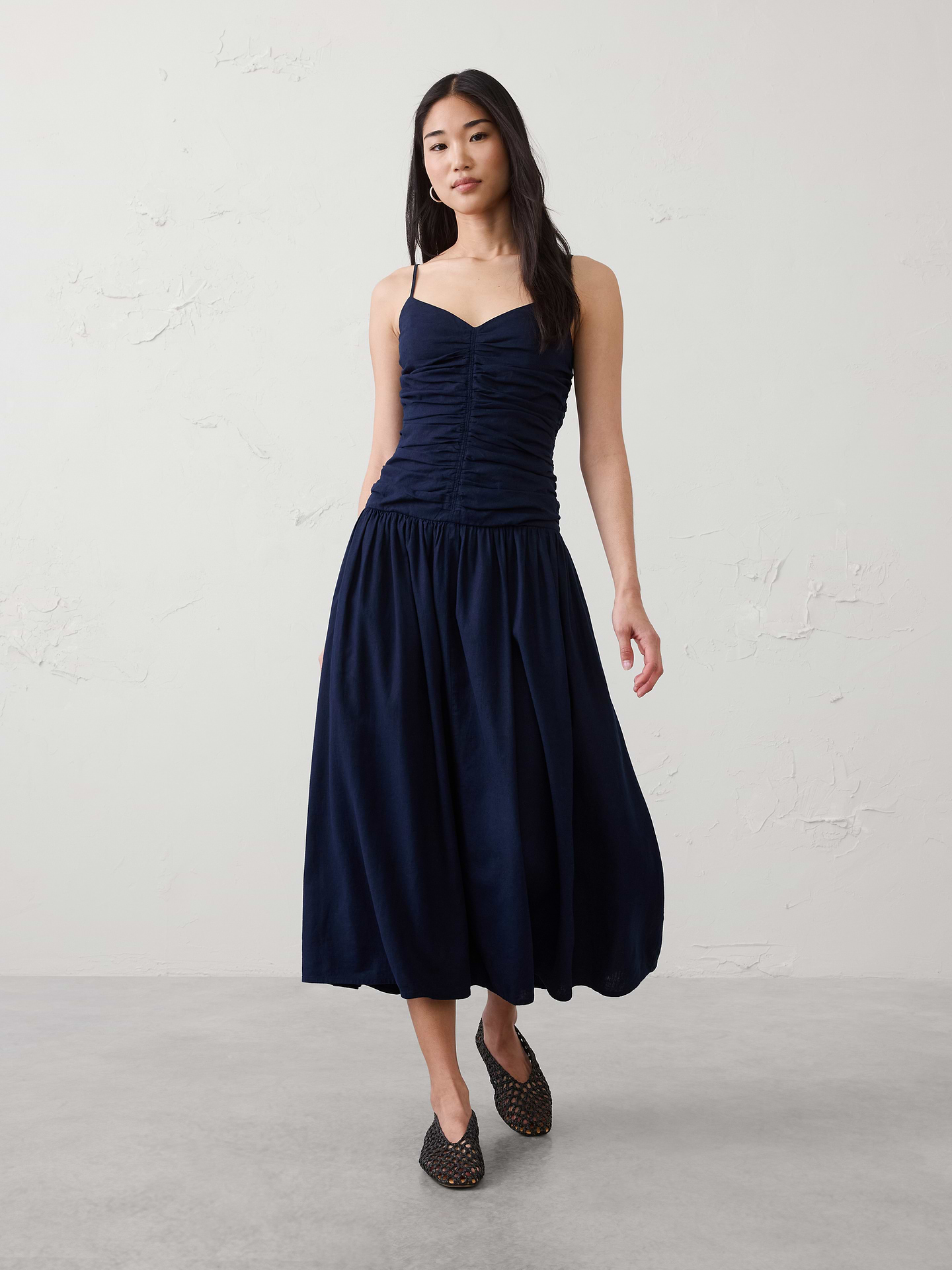 Image number 1 showing, Linen-Blend Strappy Ruched-Bodice Maxi Dress