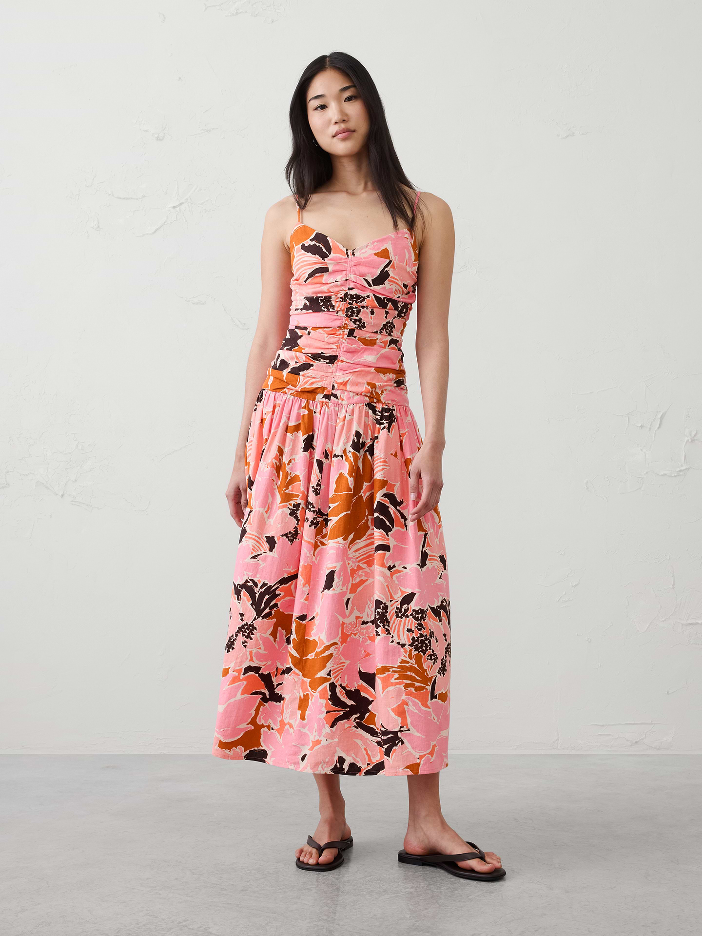 Image number 1 showing, Linen-Blend Strappy Ruched-Bodice Maxi Dress
