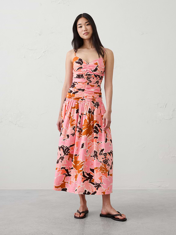 Linen-Blend Strappy Ruched-Bodice Maxi Dress