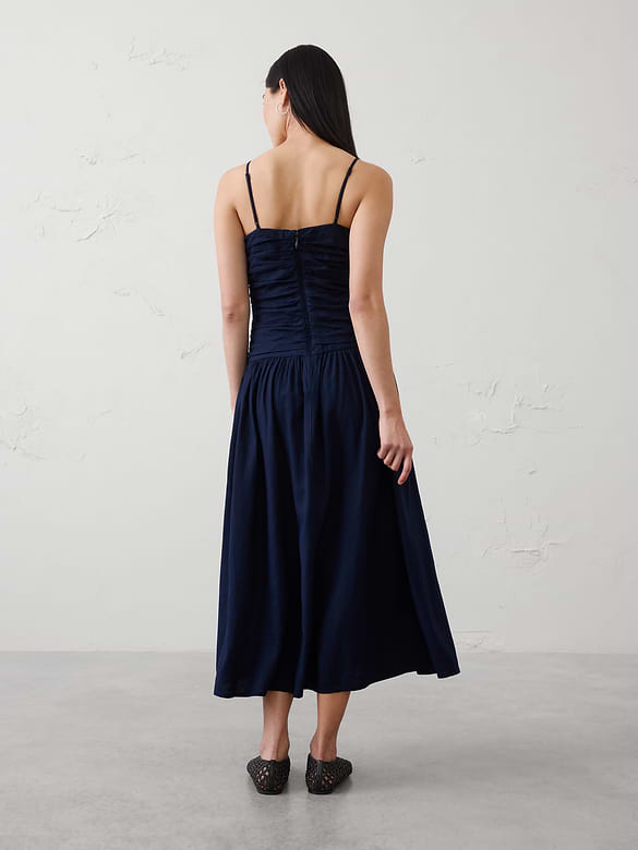 Linen-Blend Strappy Ruched-Bodice Maxi Dress