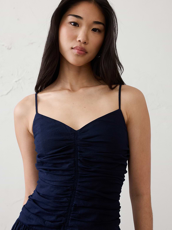Linen-Blend Strappy Ruched-Bodice Maxi Dress