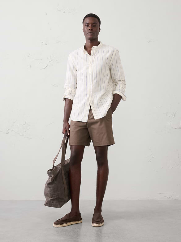 Slim-Fit Linen-Blend Banded-Collar Shirt