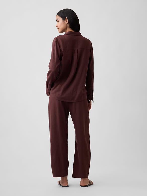 Mid Rise Pull-On Linen-Blend Barrel Pants