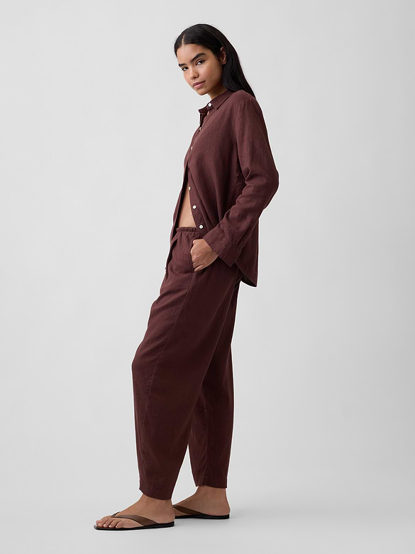 Mid Rise Pull-On Linen-Blend Barrel Pants