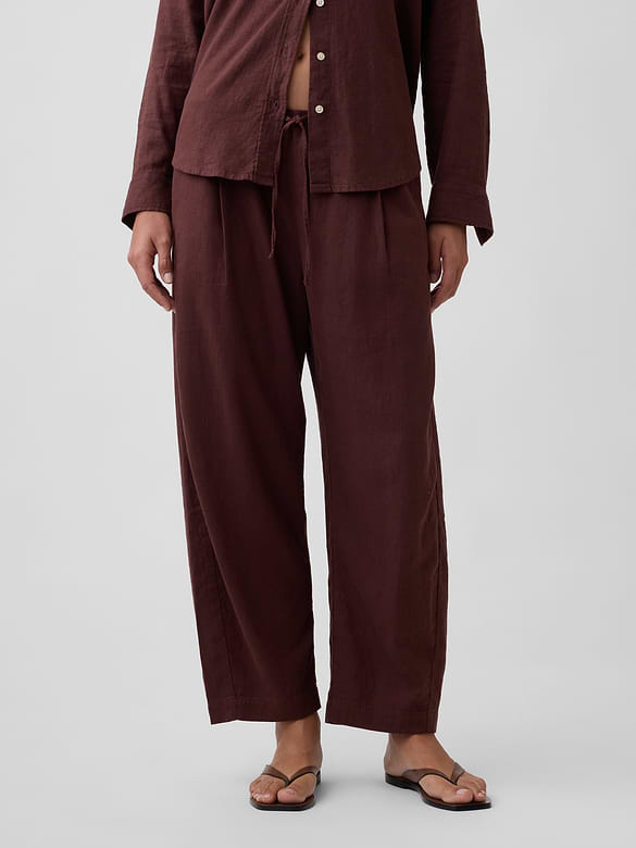 Mid Rise Pull-On Linen-Blend Barrel Pants