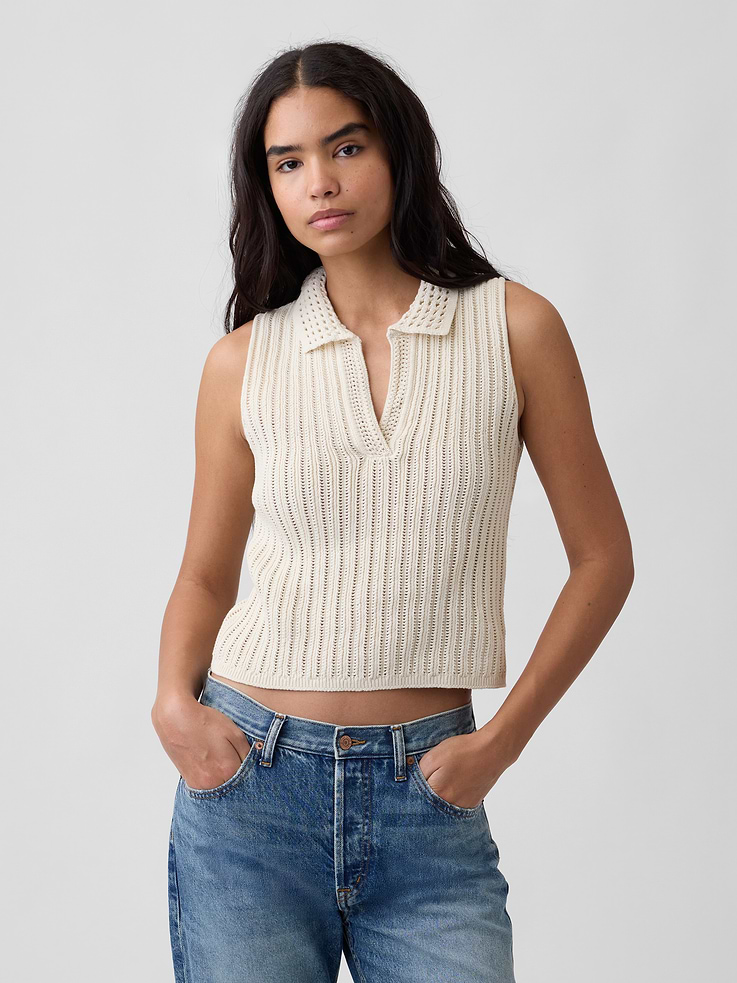 Image number 1 showing, Sleeveless Crochet Collared Top