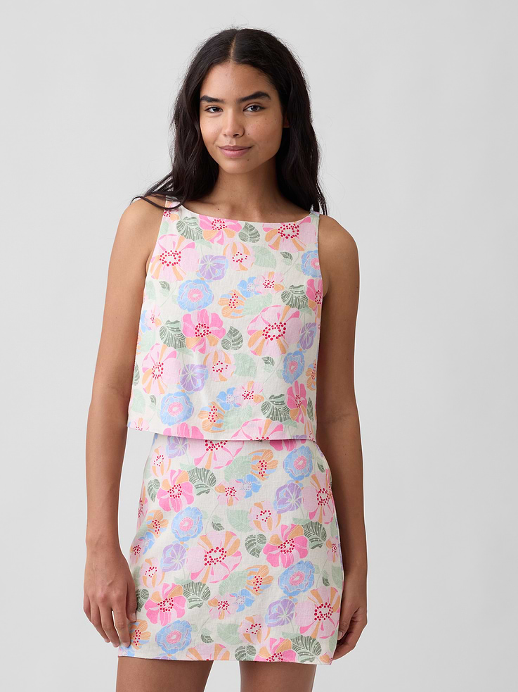 Image 1 of 5, Smooth linen blend., Tank straps., Square neckline, buttons at back., Select styles have allover print., This product was made in a factory that invests in gender equity and women’s empowerment through RISE. Learn more at, Product #845007
