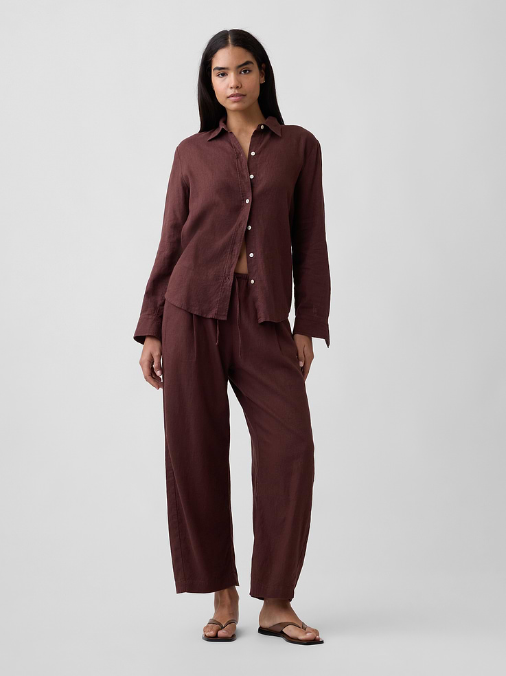 Image number 1 showing, Mid Rise Pull-On Linen-Blend Barrel Pants