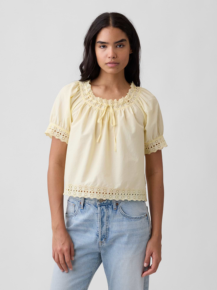 Image 1 of 5, Smooth weave with embroidery throughout., Elbow-length puff sleeves., Drawcord ties and shirring at round neckline., Scalloped hem., Product #1177162