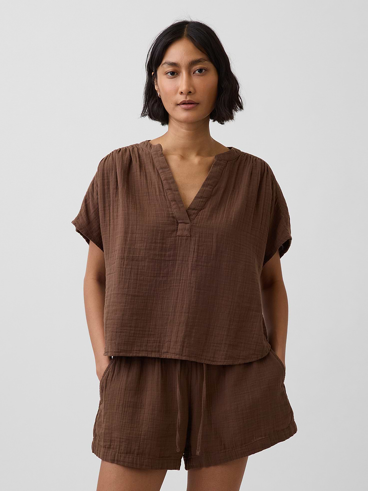 Image number 1 showing, Cotton Gauze Oversized Split-Neck Top