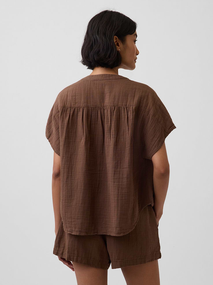 Image number 3 showing, Cotton Gauze Oversized Split-Neck Top