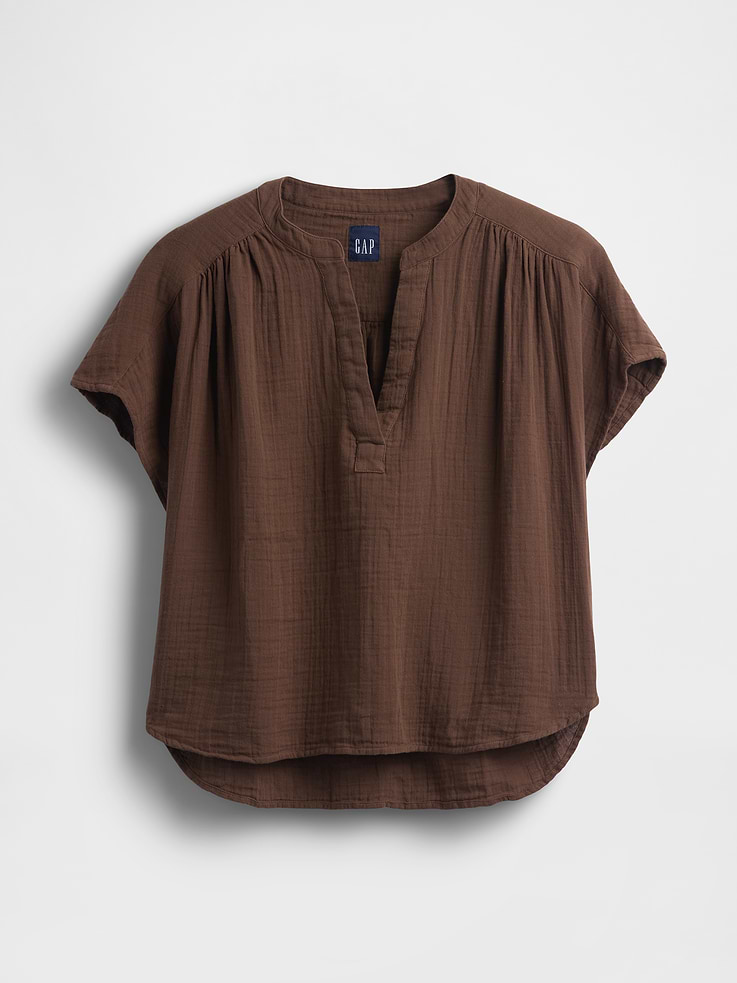 Image number 5 showing, Cotton Gauze Oversized Split-Neck Top