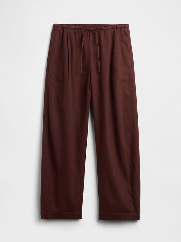 Mid Rise Pull-On Linen-Blend Barrel Pants