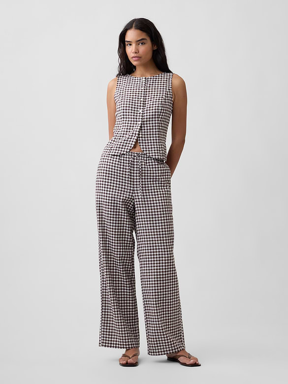 Mid Rise Pull-On Wide-Leg Linen-Blend Pants