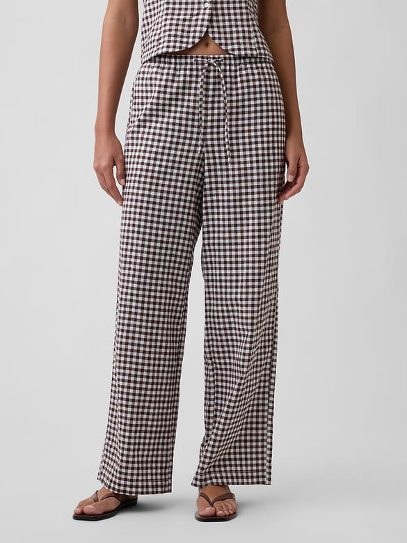 Mid Rise Pull-On Wide-Leg Linen-Blend Pants