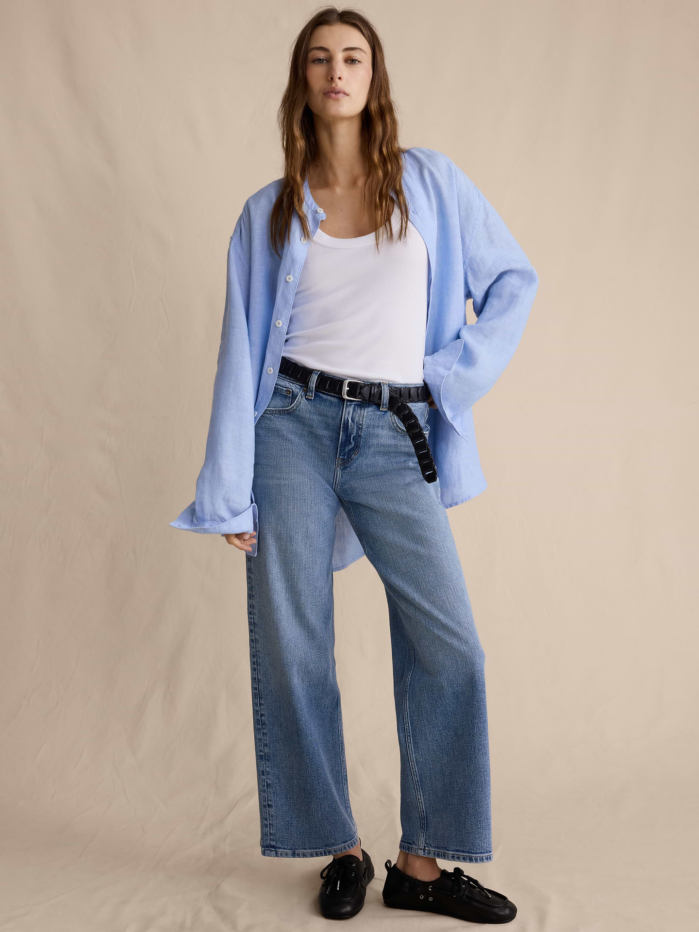 L'image numéro 1 présente Jean ample années 1990 à taille mi-basse longueur 3/4