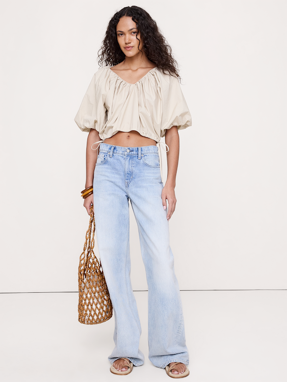 Cotton Poplin Bubble-Hem Cropped Top
