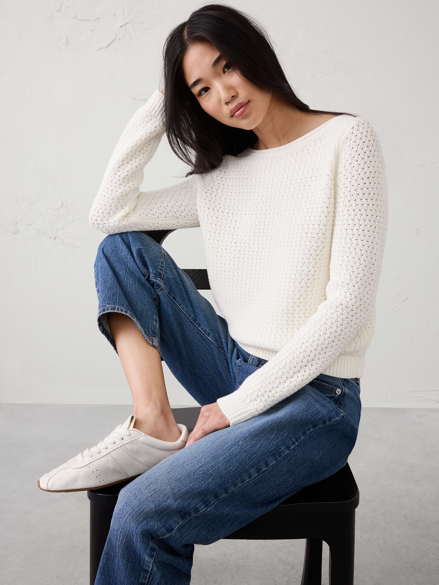 Image number 1 showing, Cotton Boatneck Crochet Sweater