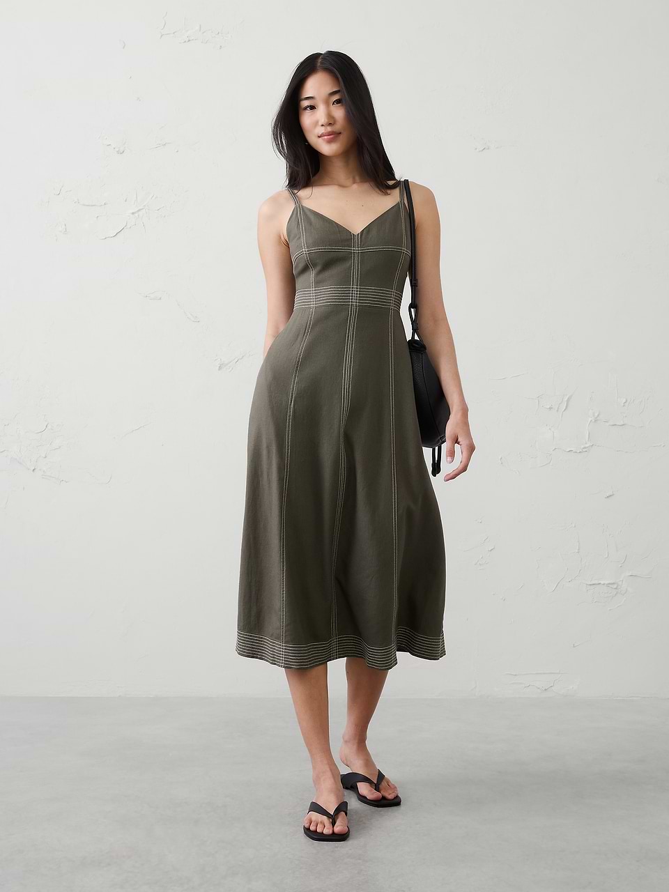 green linen blend dress Linen-Blend Contrast Stitch Midi embellishment:Fringe