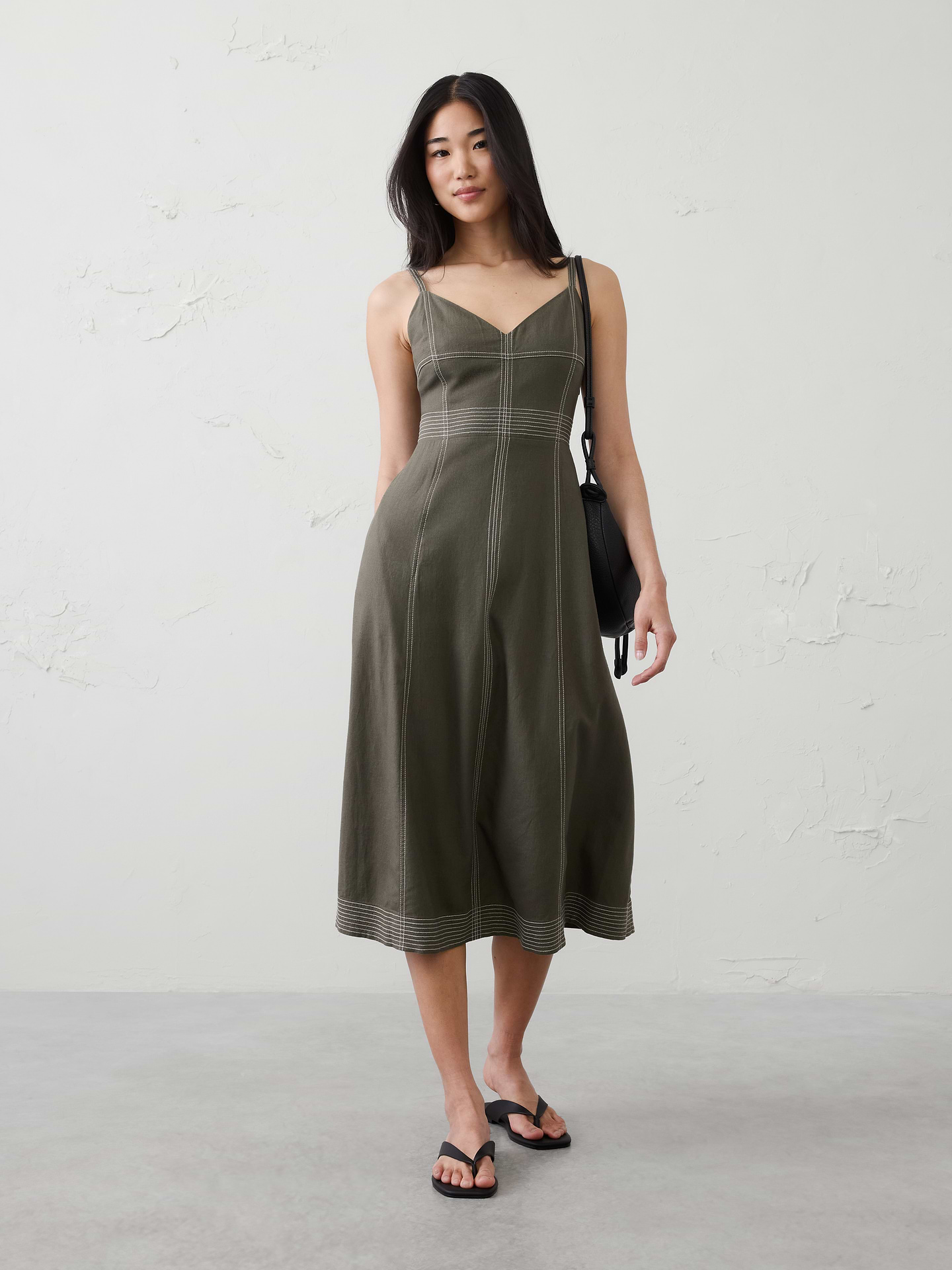 Image number 1 showing, Linen-Blend Contrast Stitch Midi Dress