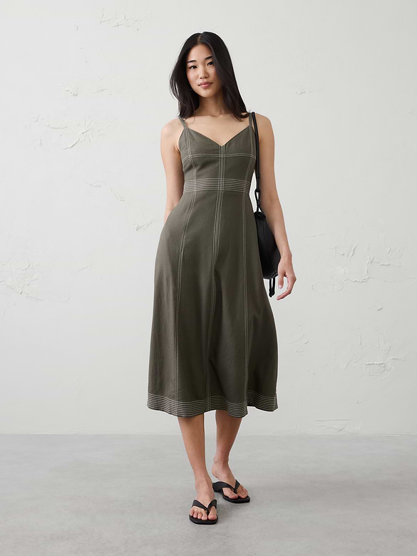 Linen-Blend Contrast Stitch Midi Dress