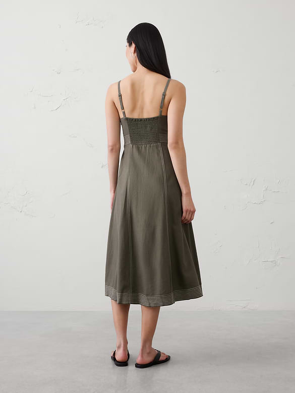 Linen-Blend Contrast Stitch Midi Dress