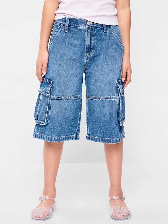 Mid-Rise Ultra Baggy Cargo Jean Shorts for Girls