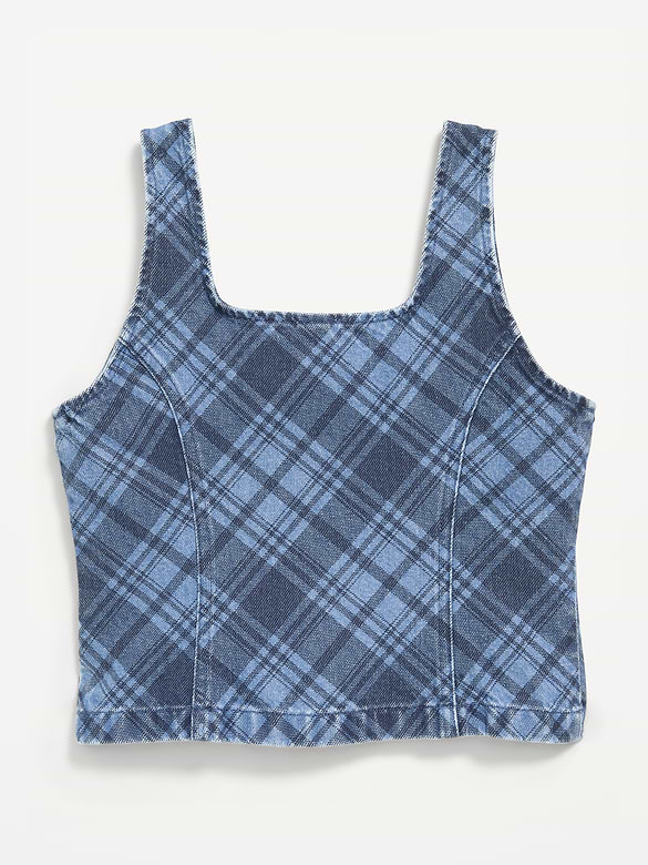 Button-Front Plaid Denim Tank Top for Girls