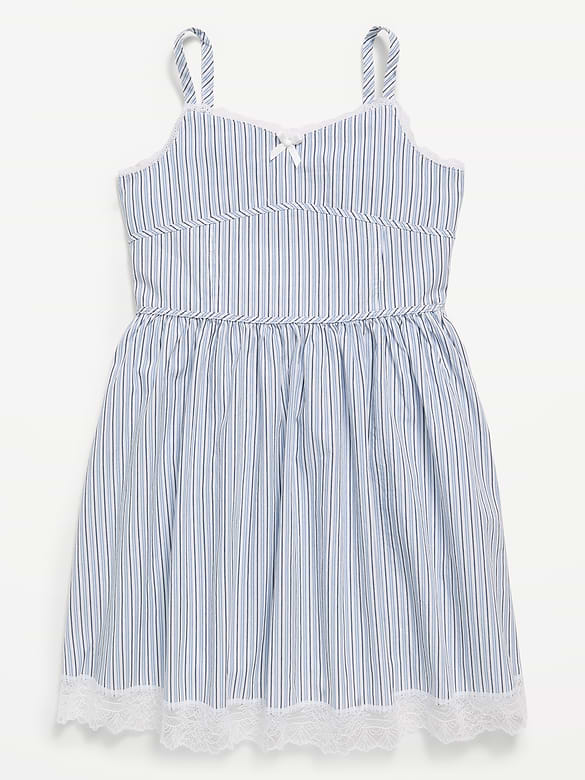 Sleeveless Fit and Flare Striped Lace-Trim Dress for Girls