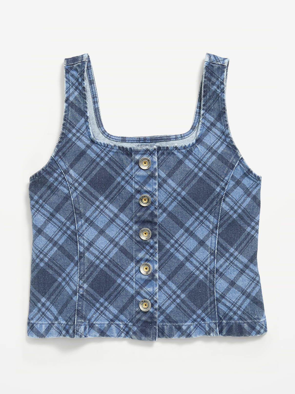 Image number 2 showing, Button-Front Plaid Denim Tank Top for Girls