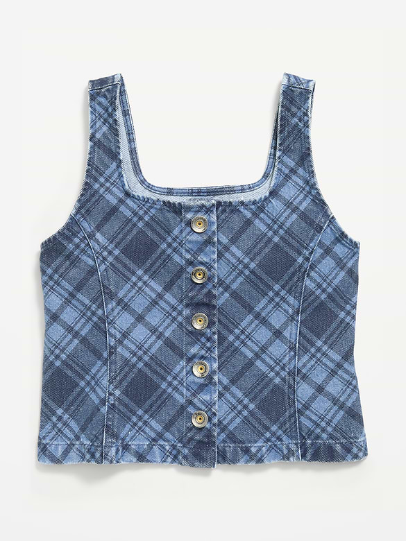 Button-Front Plaid Denim Tank Top for Girls