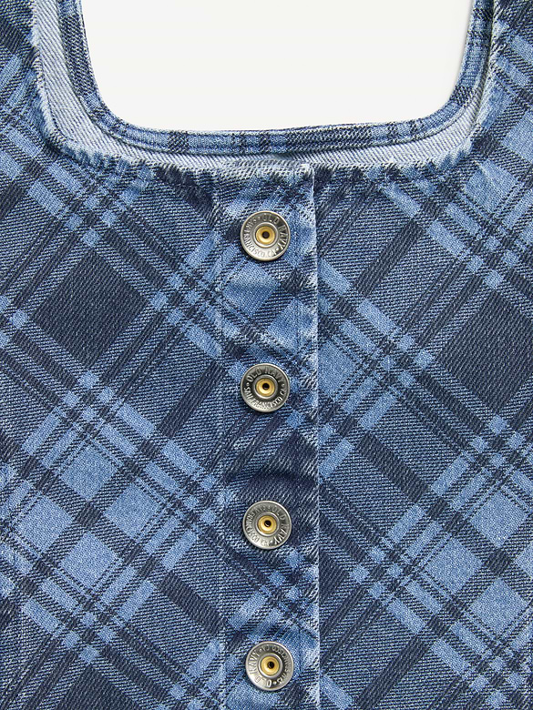 Button-Front Plaid Denim Tank Top for Girls