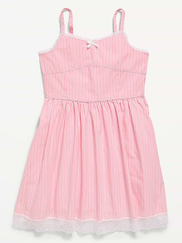 Sleeveless Fit and Flare Striped Lace-Trim Dress for Girls