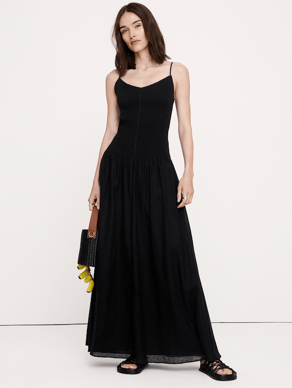 Linen-Cotton Gauze Smocked Maxi Dress