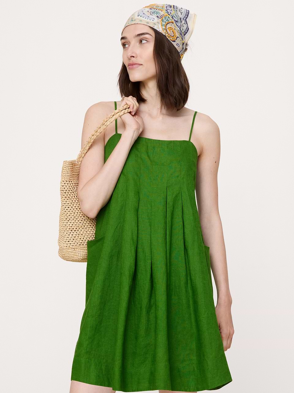 green linen dress mini V neck