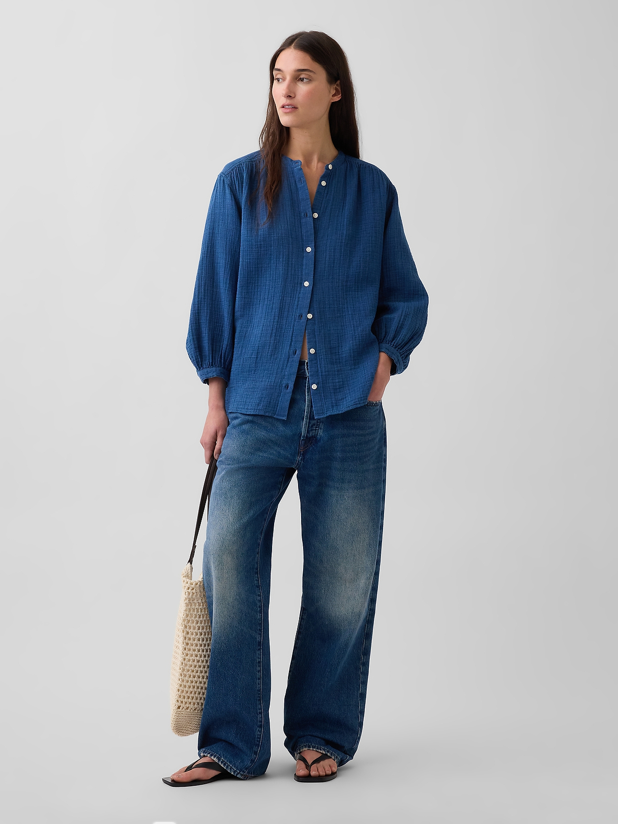 Cotton Gauze Denim Oversized Collarless Shirt | Gap