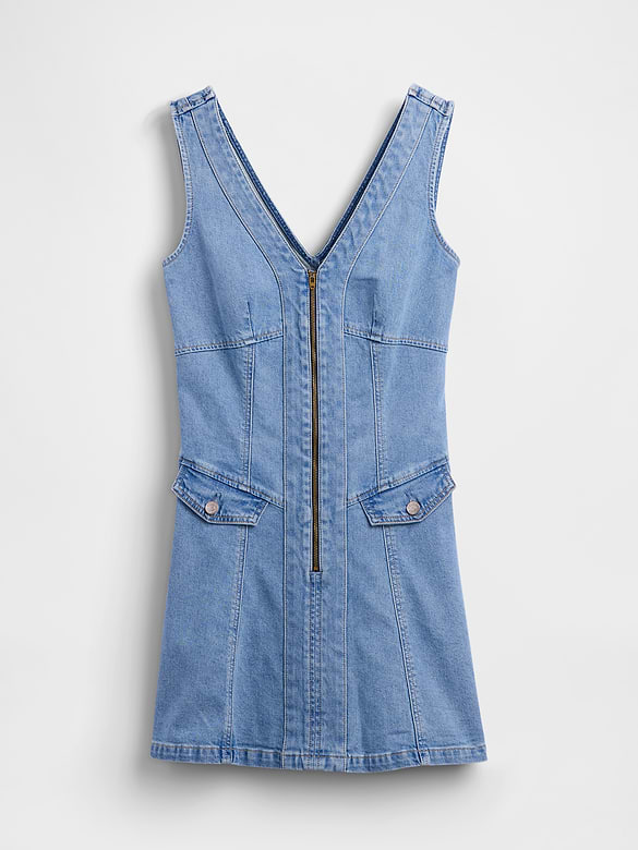 Denim Seamed Zip-Front Mini Dress