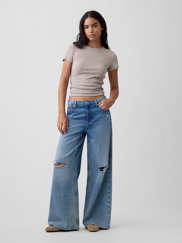 Ribbed Pointelle Crewneck T-Shirt