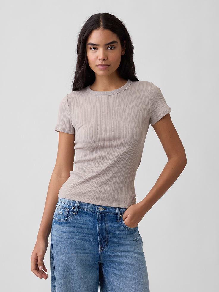Image number 1 showing, Ribbed Pointelle Crewneck T-Shirt
